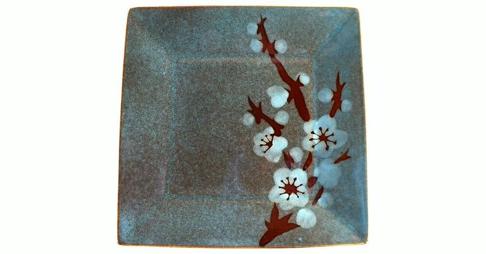 Pier 1 Imports Tranquil Teal Speckled Glaze Cherry Blossom Square Dinner Plate